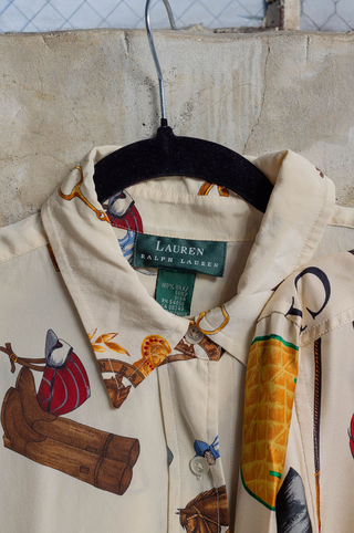 Lauren Ralph Lauren 1990's Beige Silk Equestrian Racing Print Button-Up Shirt - Size US 6
