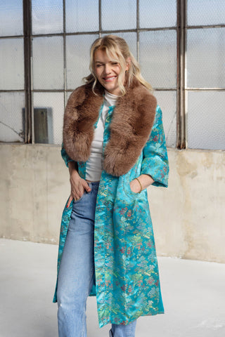 1960s Teal Green Floral Jacquard Coat with Detachable Brown Fox Fur Collar - Fits US S/M