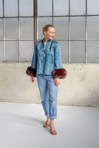 1970s Blue & Gold Floral Silk Brocade Jacket with Brown Fox Fur Cuffs - Fits US S/M
