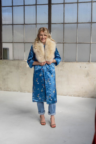 1960s Royal Blue Floral Jacquard Coat with Detachable Ivory-Brown Fox Fur Collar - Fits US S/M