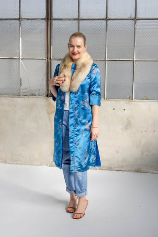 1960s Royal Blue Floral Jacquard Coat with Detachable Ivory Fox Fur Collar - Fits US S/M