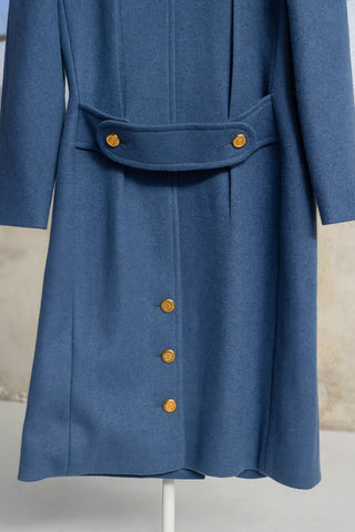 Chanel A/W 1991 Vintage "Material Girls" Runway Blue Wool Coat with Magenta Velvet Collar and Gold CC Buttons - Fits S