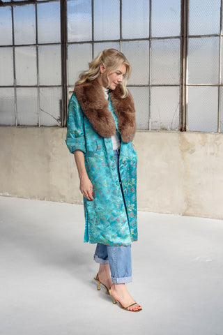 1960s Teal Green Floral Jacquard Coat with Detachable Brown Fox Fur Collar - Fits US S/M