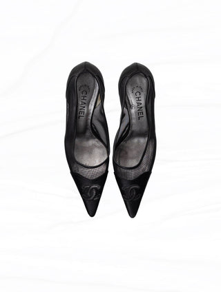 Chanel 2000s Vintage Mesh & Black Satin CC Logo Slingback Heels - Size EU 38.5 / US 8.5