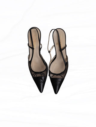 Chanel 2004 Vintage Mesh & Black Leather CC Logo Slingback Heels - Size 38.5 / US 8.5