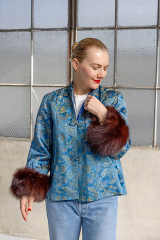 1970s Blue & Gold Floral Silk Brocade Jacket with Brown Fox Fur Cuffs - Fits US S/M