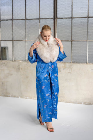 1960s Long Royal Blue Embroidered Floral Coat with Detachable White Fox Fur Collar - Fits US S/M