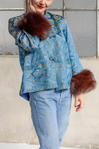 1970s Blue & Gold Floral Silk Brocade Jacket with Brown Fox Fur Cuffs - Fits US S/M