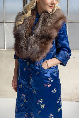 1960-1970s Royal Blue Floral Jacquard Coat with Detachable Brown Fox Fur Collar - Fits US S/M