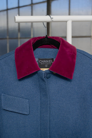 Chanel A/W 1991 Vintage "Material Girls" Runway Blue Wool Coat with Magenta Velvet Collar and Gold CC Buttons - Fits S