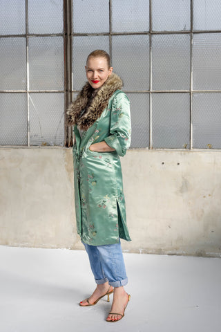 1960s Pale Jade Floral Jacquard Coat with Detachable Multi-Brown Fur Collar - Fits US XS/S
