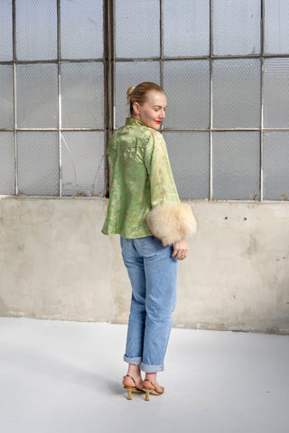 1940s Mint Green Floral Brocade Jacket with Ivory Fox Fur Cuffs - Fits US S/M