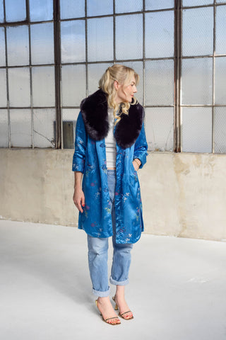 1960s Royal Blue Floral Jacquard Coat with Detachable Black Fox Fur Collar - Fits US S/M