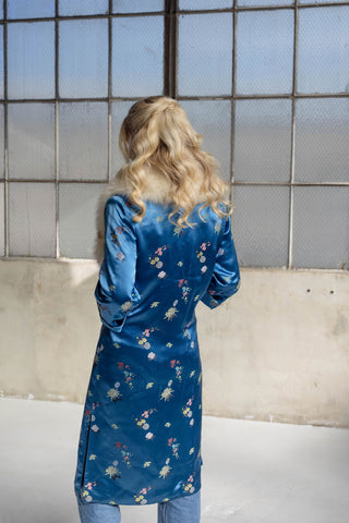 1960s Royal Blue Floral Jacquard Coat with Detachable Ivory-Brown Fox Fur Collar - Fits US S/M