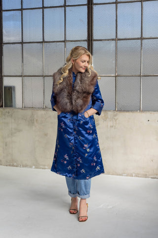 1960-1970s Royal Blue Floral Jacquard Coat with Detachable Brown Fox Fur Collar - Fits US S/M