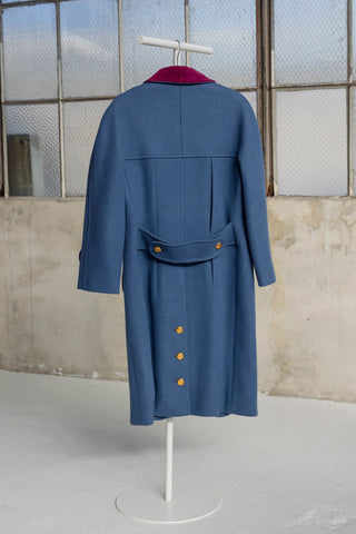 Chanel A/W 1991 Vintage "Material Girls" Runway Blue Wool Coat with Magenta Velvet Collar and Gold CC Buttons - Fits S