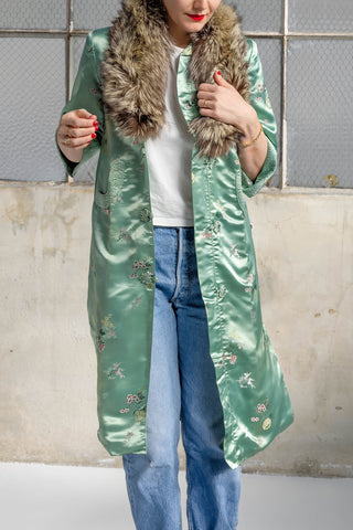 1960s Pale Jade Floral Jacquard Coat with Detachable Multi-Brown Fur Collar - Fits US XS/S