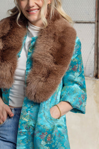 1960s Teal Green Floral Jacquard Coat with Detachable Brown Fox Fur Collar - Fits US S/M
