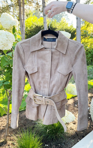 Gucci F/W2000 Vintage Suede Khaki Belted Jacket - Size 38 / Fits XS