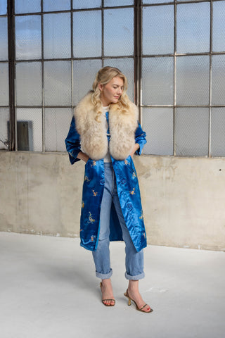 1960s Royal Blue Embroidered Blossom Coat with Detachable Ivory Fox Fur Collar - Fits US S/M
