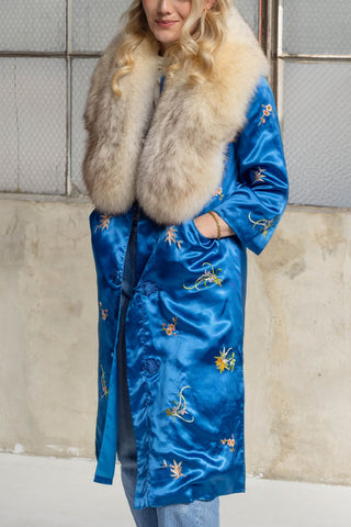 1960s Royal Blue Embroidered Blossom Coat with Detachable Ivory Fox Fur Collar - Fits US S/M