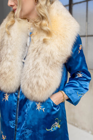 1960s Royal Blue Embroidered Blossom Coat with Detachable Ivory Fox Fur Collar - Fits US S/M