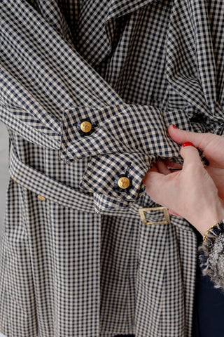 Chanel Late 1980s Vintage Black & White Gingham Belted Trench Coat with Gold "Rue Cambon" Belt Buckle - Size FR 38