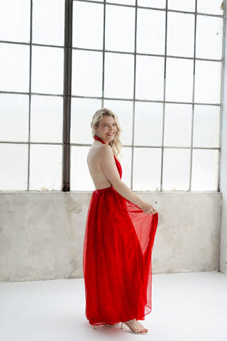 1980-1990s Vintage French Red Halter Maxi Dress w/ Braided Neck - Fits M